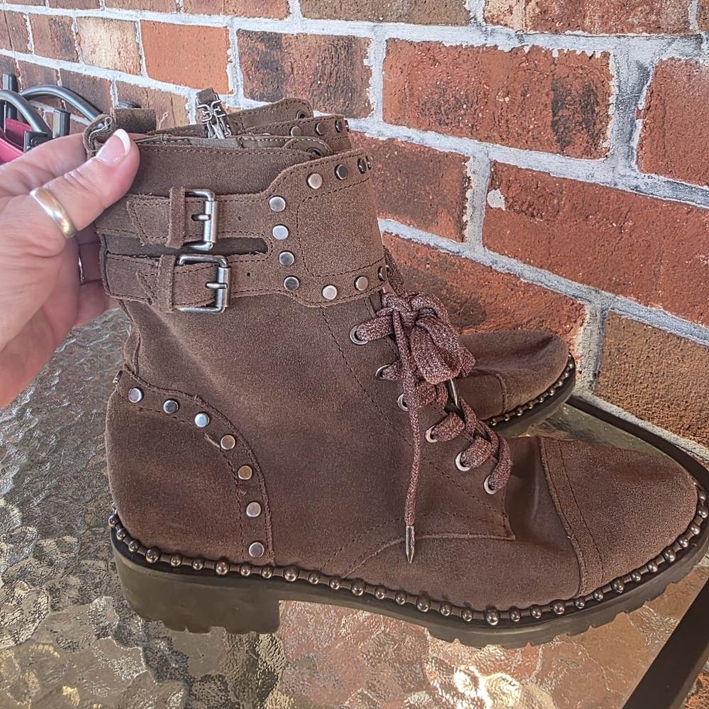 Sam Edelman Jennifer  Brown Suede Leather Lace-Up Ankle Boots with Buckle Detail